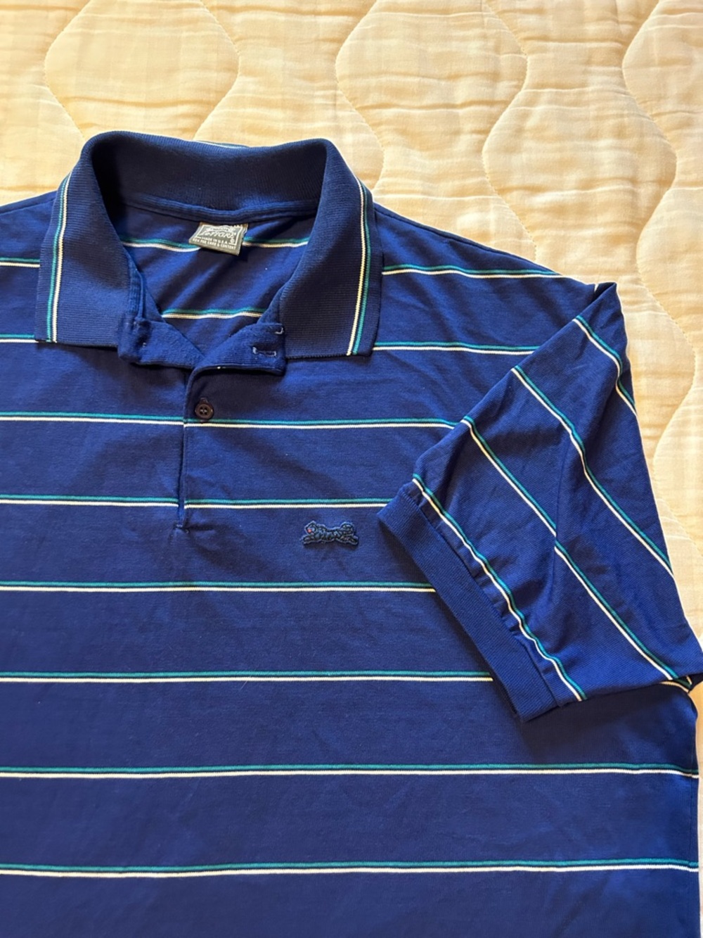 VTG 90s Le Tigre Polo Shirt Mens Big 1X Blue Striped Monochrome Logo USA Made